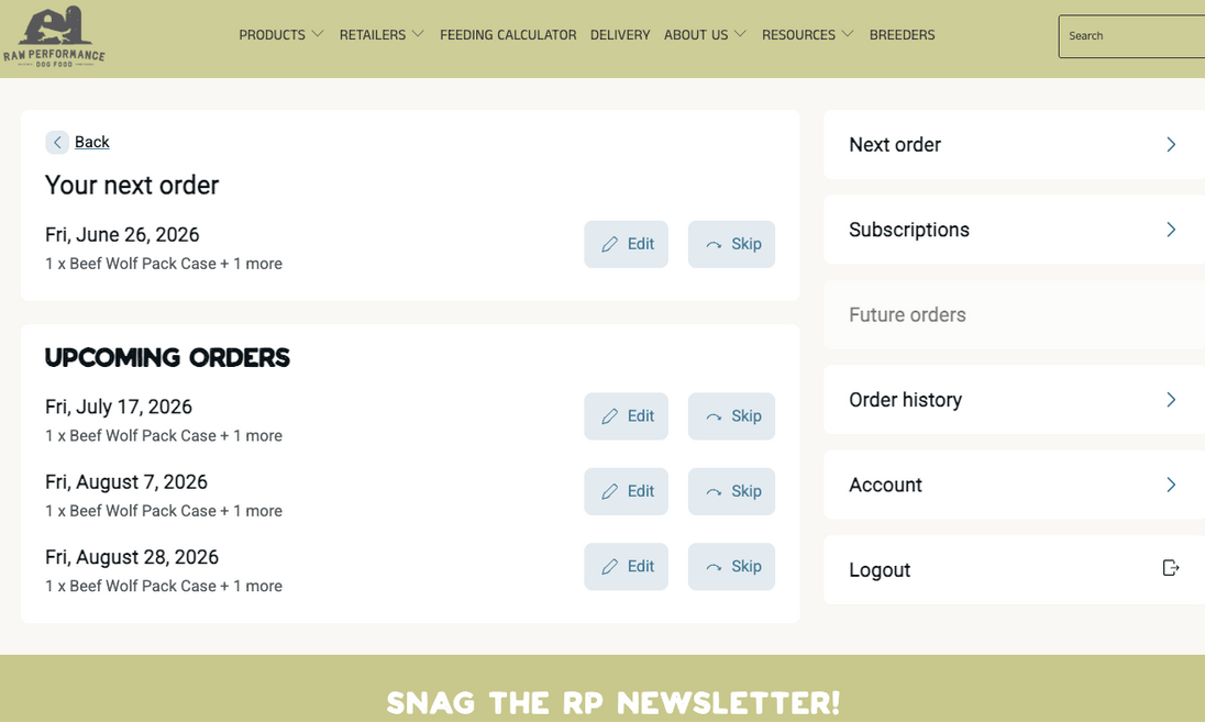Customer account dashboard with order history and subscription options on a website interface.