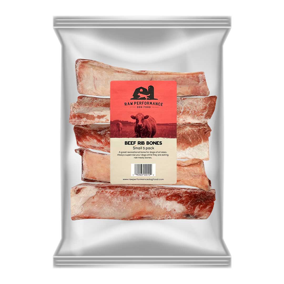 Package of beef rib bones with Raw Performance Dog Food label on a white background