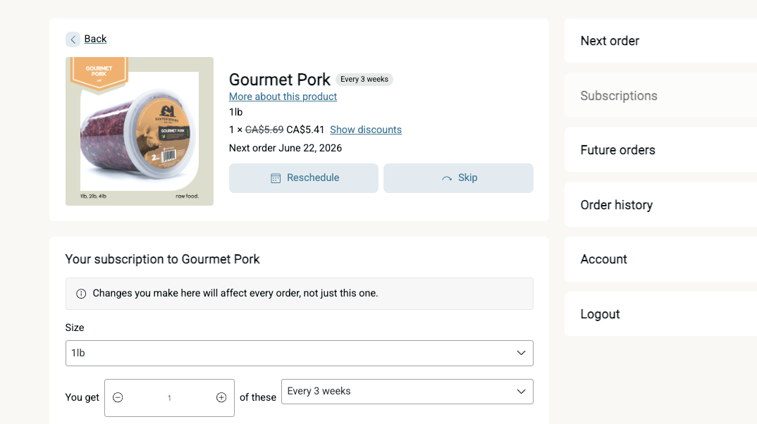 Subscription management screen for Gourmet Pork with options to reschedule, skip, or proceed with the order.