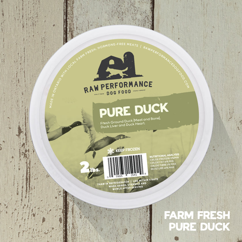 Farm fresh pure duck, raw dog food tub, raw performance dog food