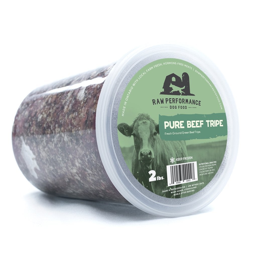 Ground Green Beef Tripe in a 2lb container from Raw Performance Dog Food